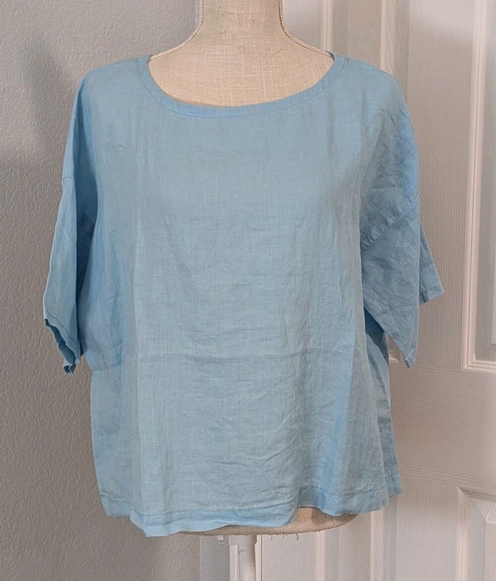 NWT Eileen Fisher Blue 100% Organic Linen Short Sleeve Box Top Medium Petite